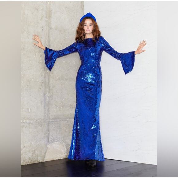 Alice + Olivia Jae Ultramarine Blue Sequin Bell Sleeve Gown Size 6 NWT - Picture 3 of 16